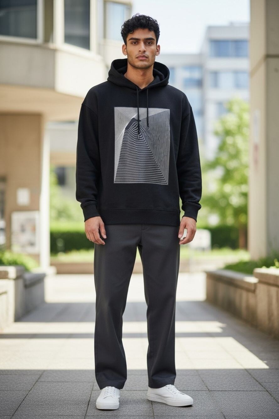 H&M Men's Black Graphic Minimalist White Geometric Line Art Hoodie  Size:Large